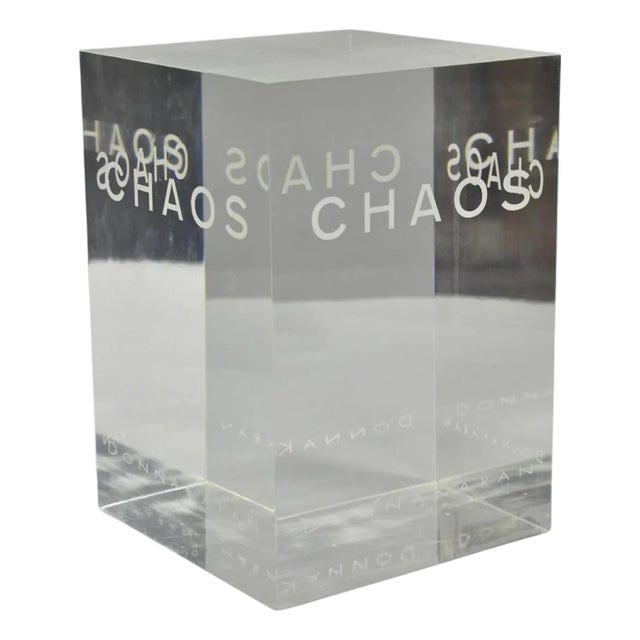 Mid 20th Century Donna Karan "Chaos" Heavy Acrylic Lucite Cube Perfume Retail Pedestal Display For Sale