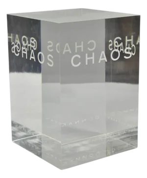 Mid 20th Century Donna Karan "Chaos" Heavy Acrylic Lucite Cube Perfume Retail Pedestal Display