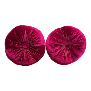 Berry Color Round Tufted Velvet Decorative Pillows - Set/2 For Sale