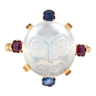 Late 19th Century ​Antique Victorian Man in the Moon Moonstone Gemstone Ring 14k Yellow Gold, Size 6.75 For Sale