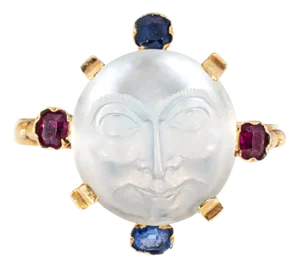 Late 19th Century ​Antique Victorian Man in the Moon Moonstone Gemstone Ring 14k Yellow Gold, Size 6.75