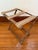 English Vintage Turned Wood Folding Luggage Rack With Greek Key Tapestry Straps For Sale - Image 3 of 9