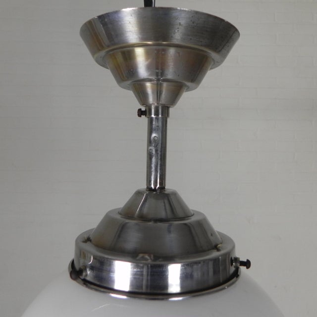 Metal Art Deco Pendant Lamp with Opaline Glass Globe, 1930s For Sale - Image 7 of 12