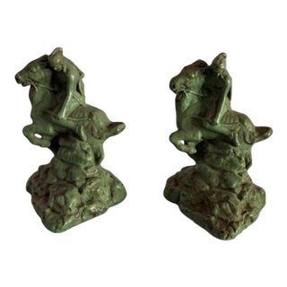 1930s Armor Bronze Native American Indigenous Rider and Horse Bookends, Pair For Sale