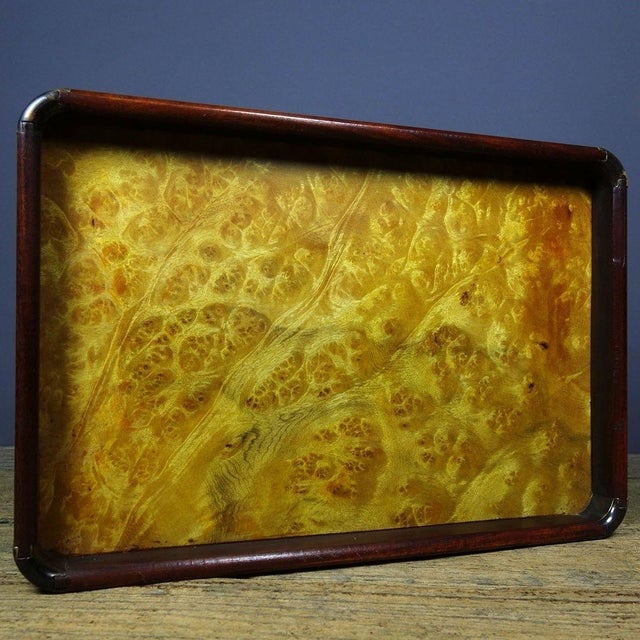 Mid 20th Century Vintage Burl Wood Tea Tray With Rosewood Frame - Brass Mounted For Sale - Image 5 of 9