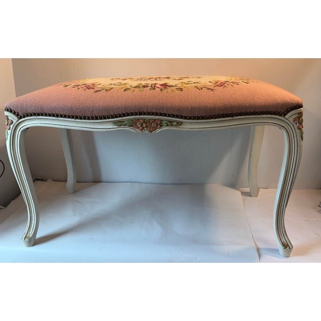 Vintage French Provincial Pink Needlepoint Vanity Bench For Sale - Image 11 of 12