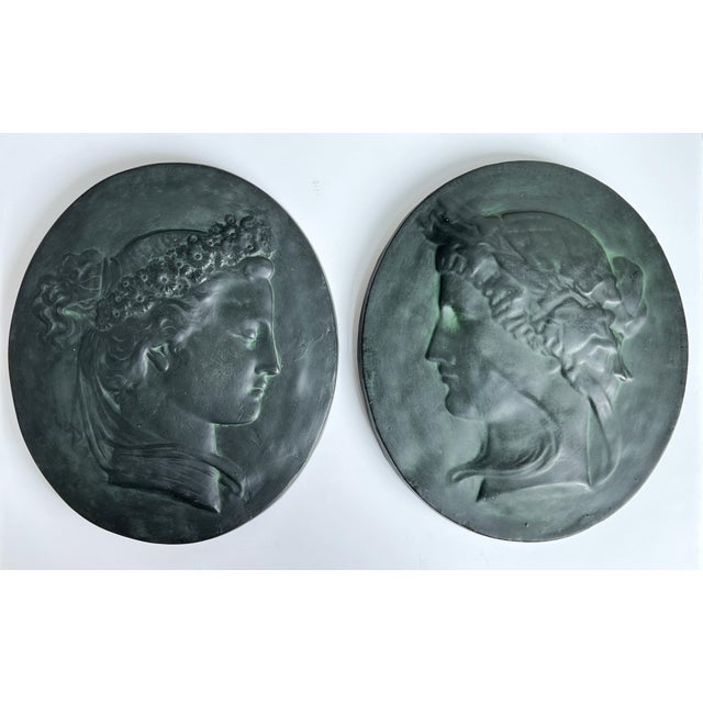 Pair of Large 16" Tall Bacchante Roman Figures Ceramic Plaques Pair of oval ceramic wall plaques with classical Roman...