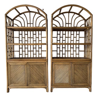1970's Vintage Palm Beach Regency Arched Rattan Étagères With Cabinets – A Pair For Sale