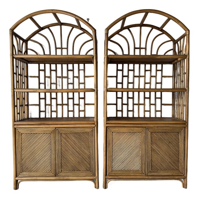 1970's Vintage Palm Beach Regency Arched Rattan Étagères With Cabinets – A Pair For Sale