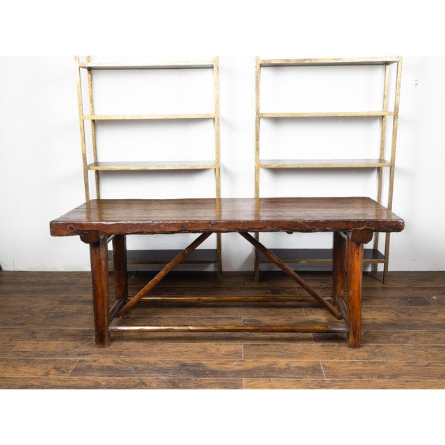 American 1900s Rustic Pine Log Table with Straight Legs and Side Stretchers For Sale - Image 4 of 11