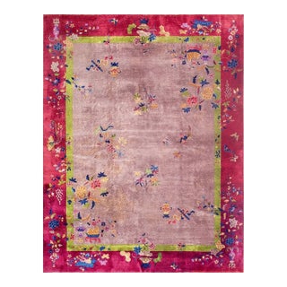 Light Purple Antique Floral Room Size Chinese Art Deco Wool Rug 9' 2" X 11' 8" For Sale