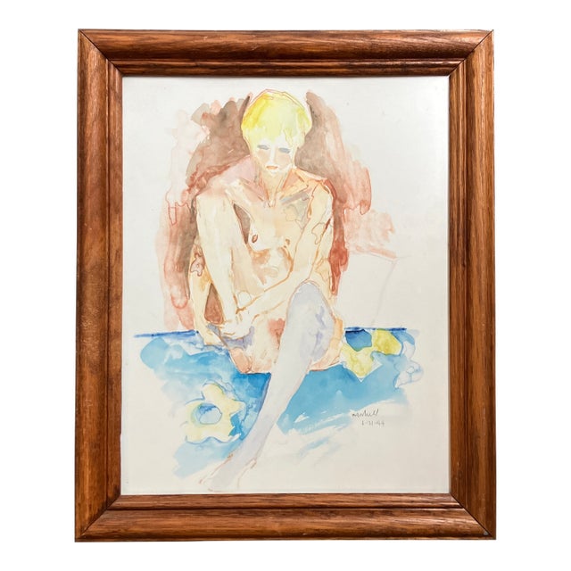 Contemporary Original Abstract Female Nude Watercolor Painting Vintage Oak Frame For Sale