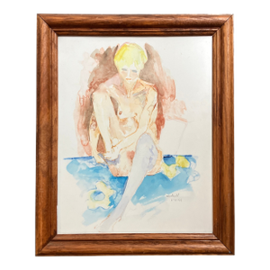 Contemporary Original Abstract Female Nude Watercolor Painting Vintage Oak Frame