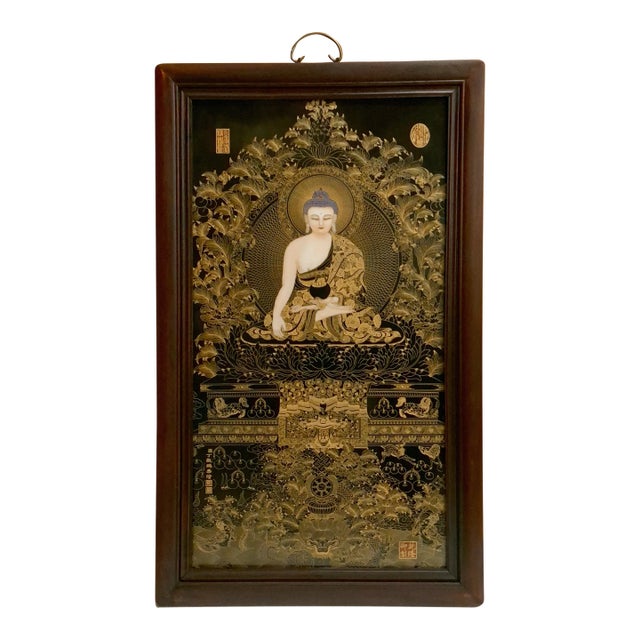 Chinese Framed Porcelain Buddhist Temple Plaque, Medicine Buddha For Sale