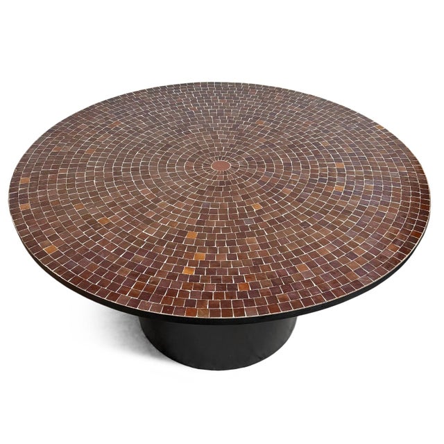 Large outdoor 60 inch round beautiful chocolate brown ceramic mosaic tile top dining table. Handcrafted workmanship with...