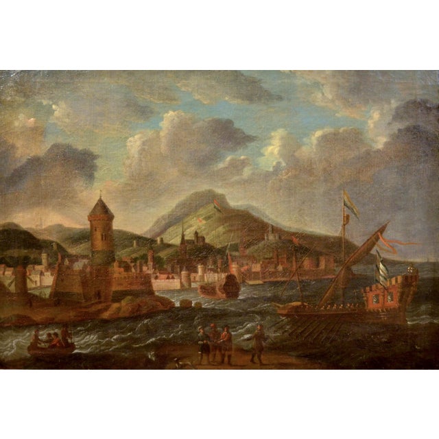 Baroque Circle of Peter Van De Velde the Elder, Marine Landscape, 1700, Oil on Canvases, Framed, Set of 2 For Sale - Image 3 of 18
