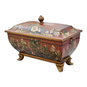 Vintage Large Italian Style Painted Lidded Decorative Box W/Gilded Feet & Pulls