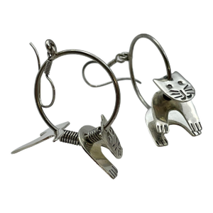 Sterling Silver Taxco Mexico Articulated Cat Hoop Earrings 1990s- 2 Pieces