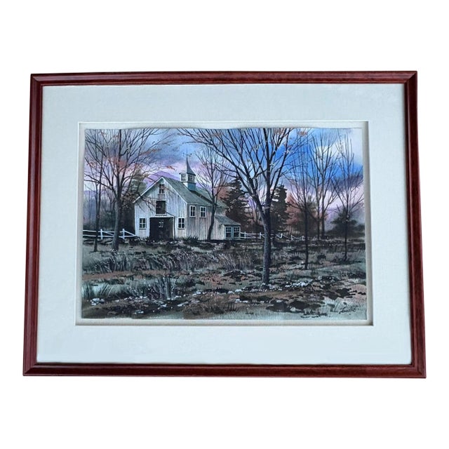 1990s Winter Landscape Barn Sunset Watercolor Painting By: Fambe? Framed, Linen Matting For Sale
