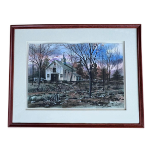 1990s Winter Landscape Barn Sunset Watercolor Painting By: Fambe? Framed, Linen Matting