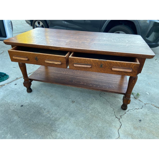 Antique Arts and Crafts Oak Library Desk Writing Table Wirh Shelf Mission Style For Sale - Image 9 of 18