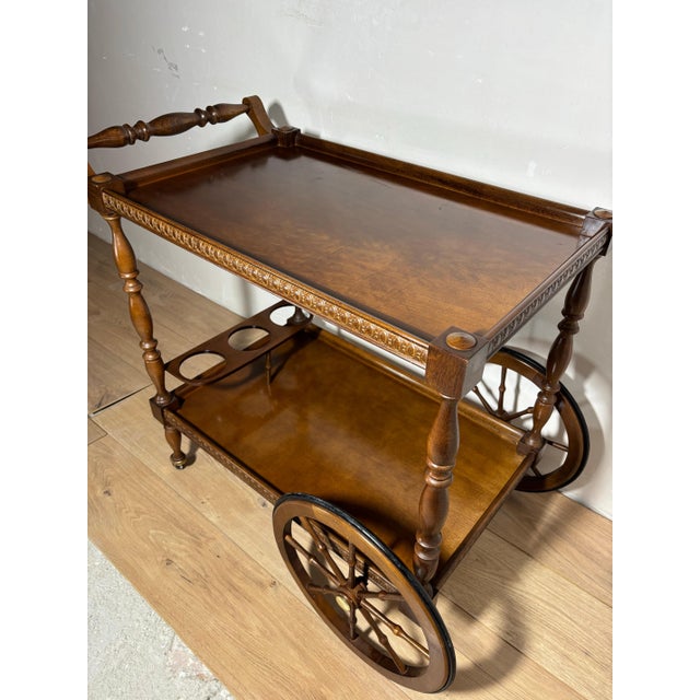 Wood Spanish Mid-Century Wooden Bar Cart with Turned Legs and Bottle Holder For Sale - Image 7 of 12