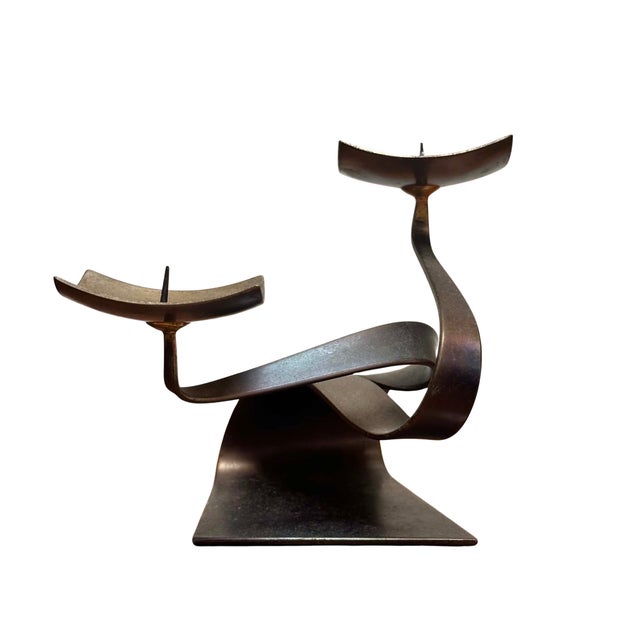 Brutalist xVintage Ferart Artisan Sculptural Metal Double Candle Holder For Sale - Image 3 of 7