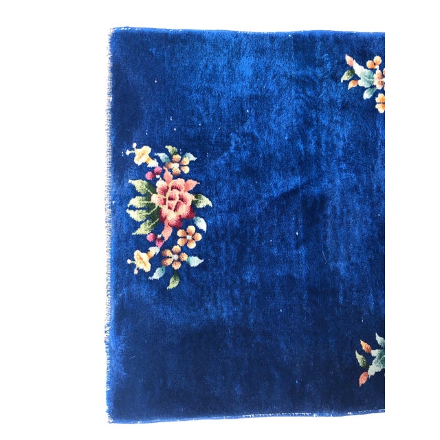 Vintage royal blue handmade chinese oriental floral design rug with low pile wool on cotton foundation 35”w x 58”l in very...