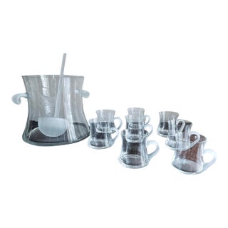 Vintage Postmodern Glass Punch Bowl Set With Frosted Accents, Handles, and Ladle - 10pcs For Sale