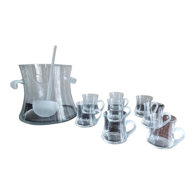 Vintage Postmodern Glass Punch Bowl Set With Frosted Accents, Handles, and Ladle - 10pcs For Sale