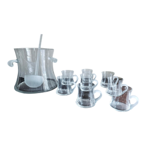 Vintage Postmodern Glass Punch Bowl Set With Frosted Accents, Handles, and Ladle - 10pcs