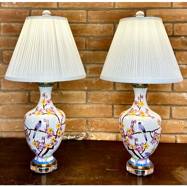Pair of Cloisonné Birds Lamps on Lucite Paired With White Silk Pencil Pleated Shades. For Sale - Image 9 of 9