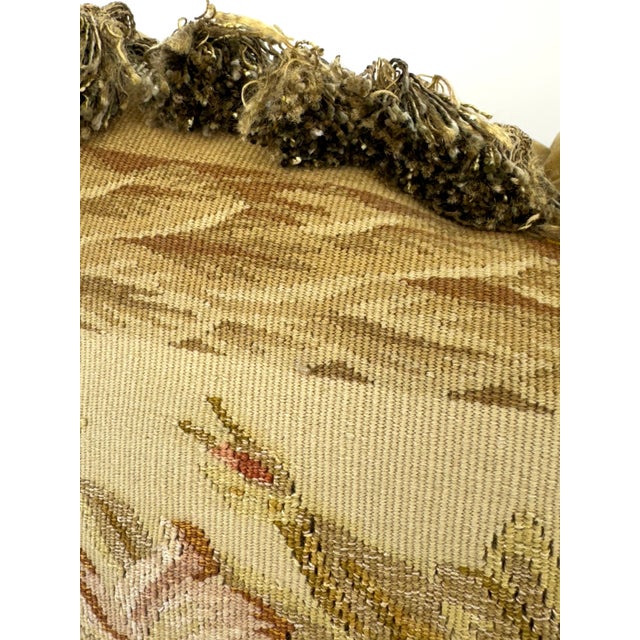 Light Yellow Antique Tapestry Pillow With Floral Motif and Fringe Detailing For Sale - Image 8 of 11
