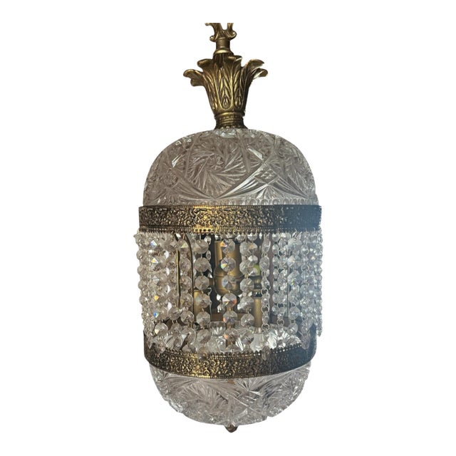 Vintage Hollywood Regency Crystal Glass Pineapple Swag Lamp, 21" For Sale