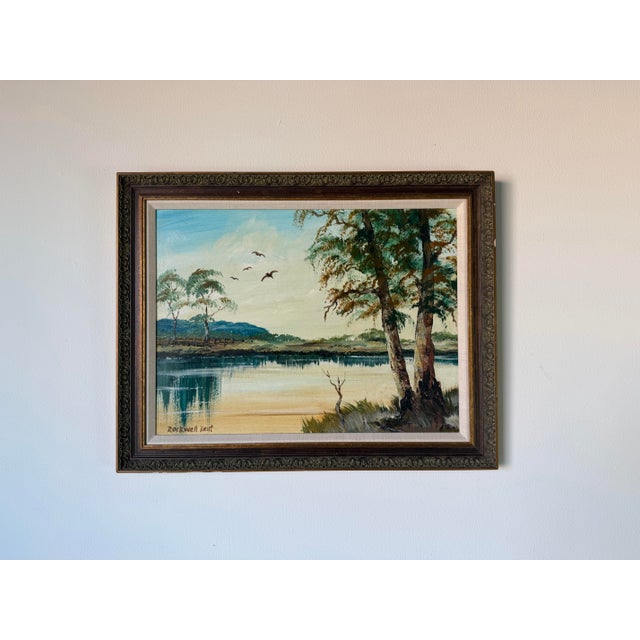 Coastal 1980’s Vintage Rockwell Kent Tropical Lake Landscape Oil on Board Painting, Framed For Sale - Image 3 of 12