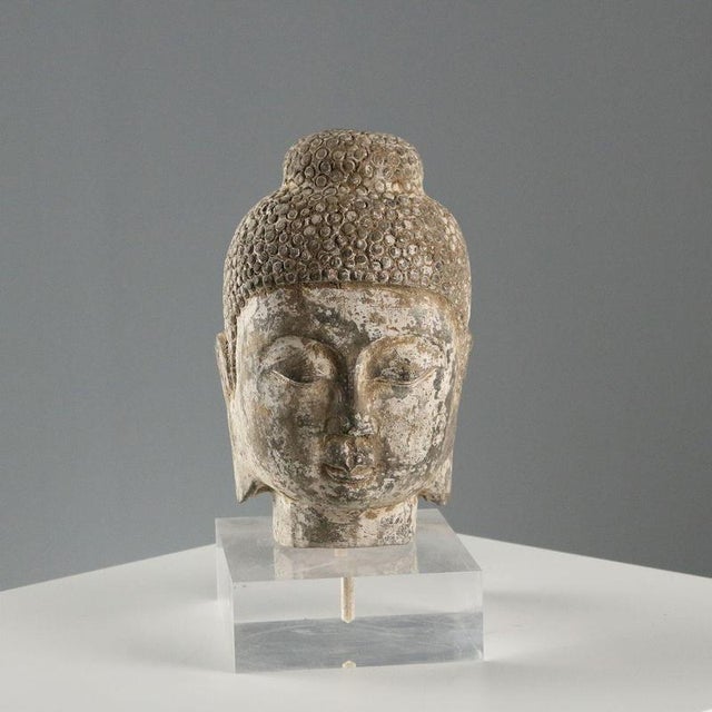 Stone Buddha Head with Acrylic Glass Base For Sale - Image 9 of 9