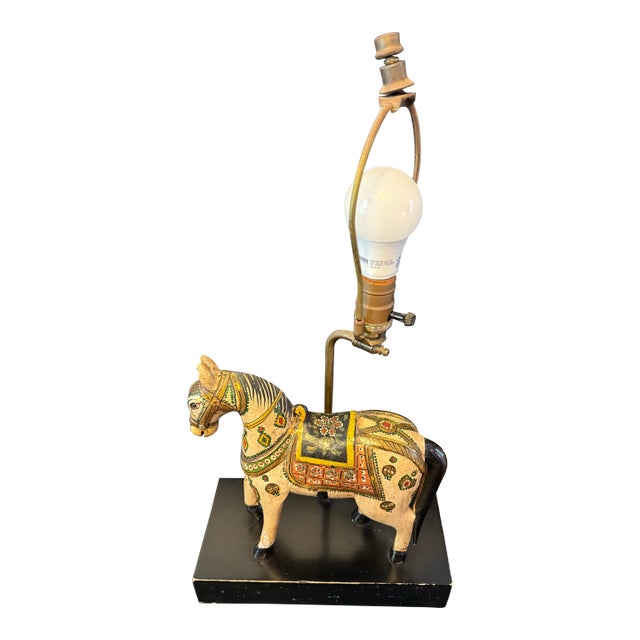 Vintage Hand-Painted Wooden Horse Table Lamp For Sale