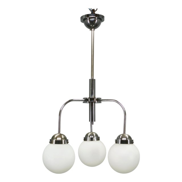 Czech Bauhaus Chandelier with Opaline Glass Globes, 1940s For Sale