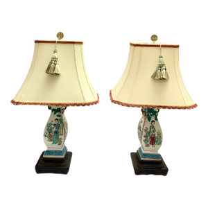 Late 20th Century Oriental Lamp Chinese Hand Painted on Wood Base Vintage Asian Lighting Decor