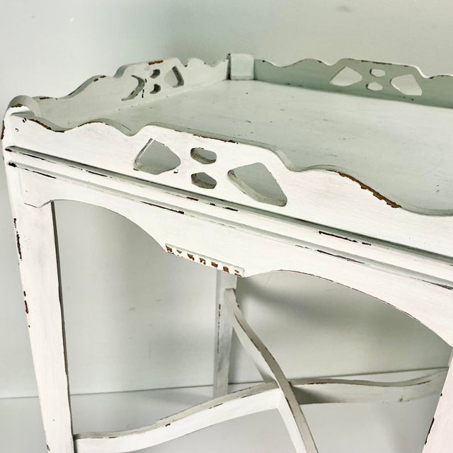 Vintage Shabby Chic Farmhouse Chippy Paint Wood Gallery Side Table. For Sale - Image 12 of 15