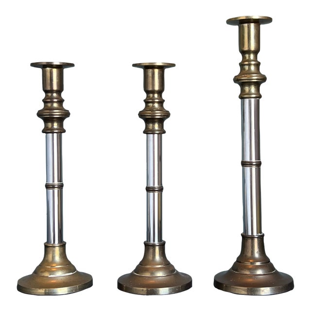 Late 20th Century Brass and Chrome Candlesticks- Set of 3 For Sale