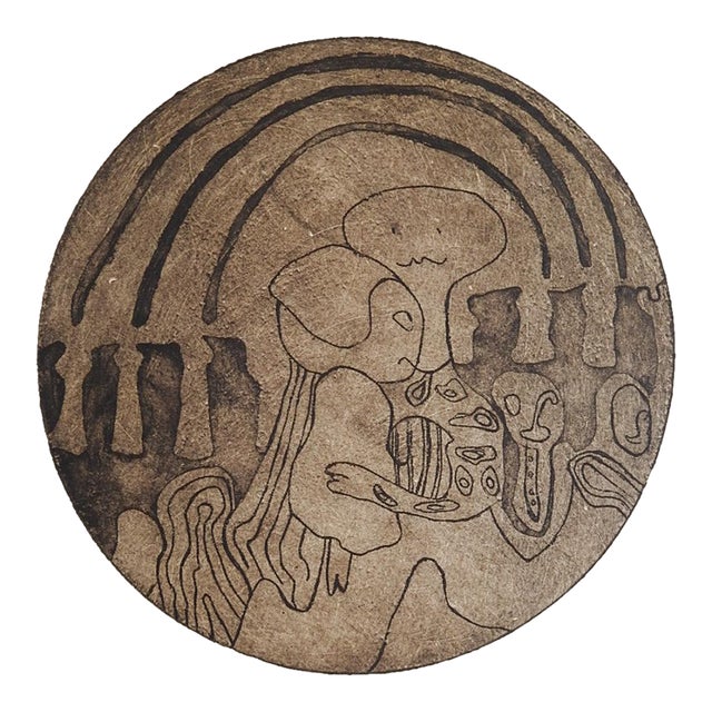 Mid 20th Century Abstract Sepia Etching of Family For Sale