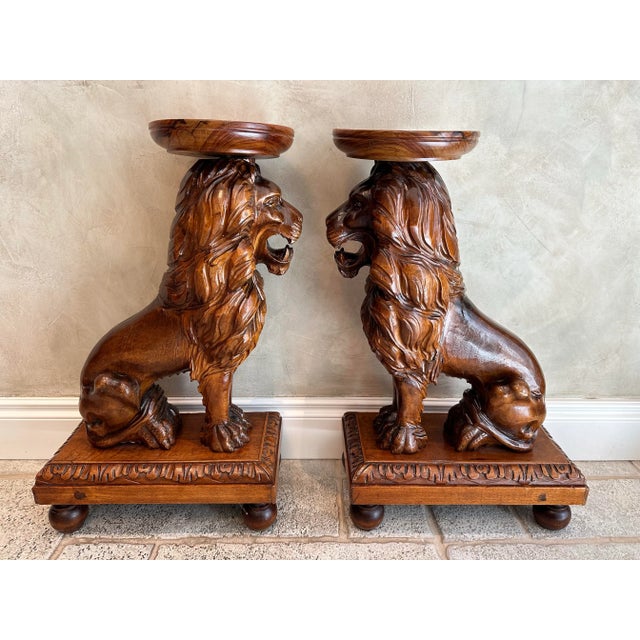 Brown Vintage Pair of Solid Wood Hand-Carved Exotic Lion Plant Stands For Sale - Image 8 of 12