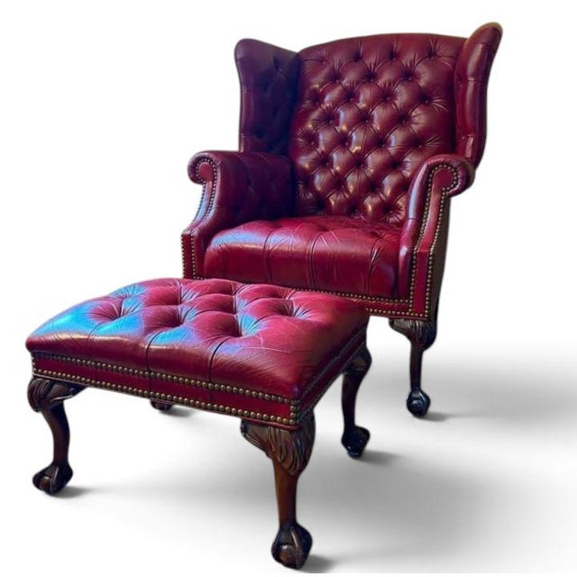 English Chesterfield Wingback Leather Chair & Matching Ottoman by Hancock and Moore For Sale - Image 3 of 12