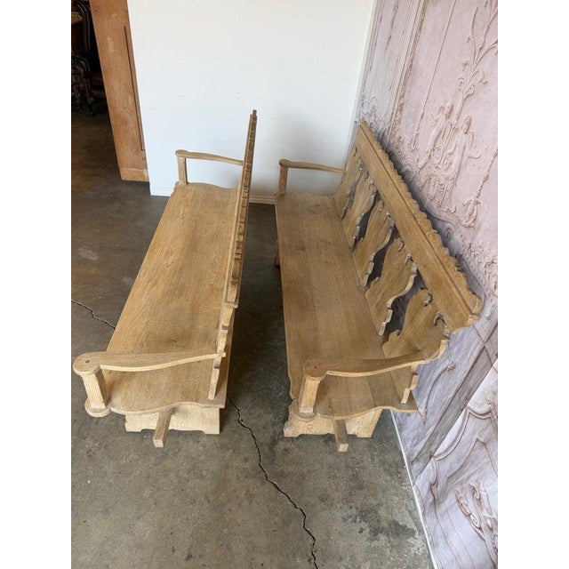 Rustic Hand-Carved Oak Benches, Pair, Folk Art / Spanish Colonial Style For Sale - Image 9 of 17