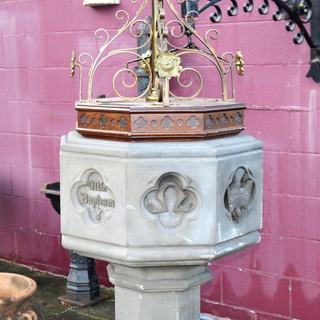 Antique Gothic Hardstone, Brass, Oak & Wrought Iron Baptismal With Boom 19thC For Sale - Image 9 of 17