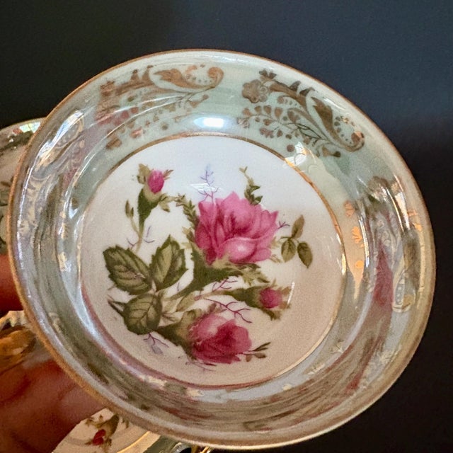 Ceramic Vintage Royal Sealy Teacup & Saucer: Iridescent Green China With Pink Roses - Sold Individually Per Set For Sale - Image 7 of 11