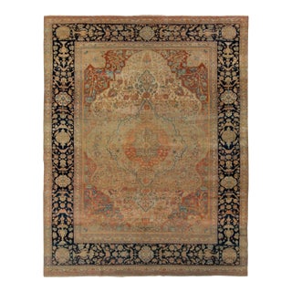 Hand-Knotted Antique Mohtashem Rug in Beige Brown and Red Medallion Pattern For Sale
