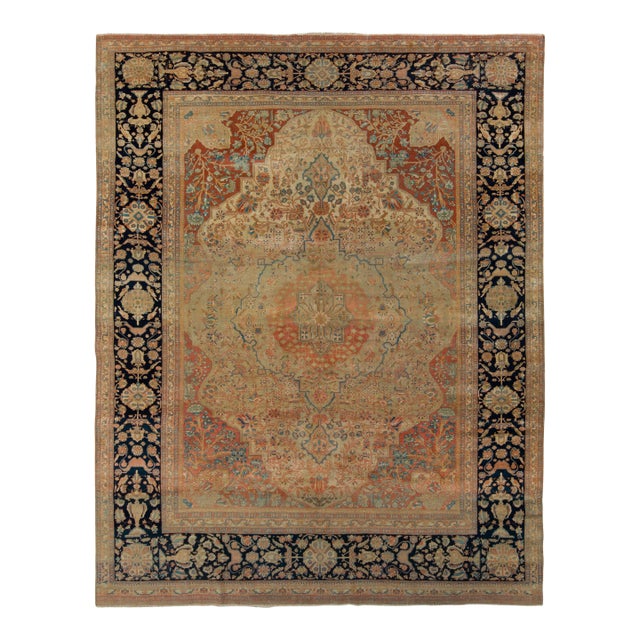 Hand-Knotted Antique Mohtashem Rug in Beige Brown and Red Medallion Pattern For Sale