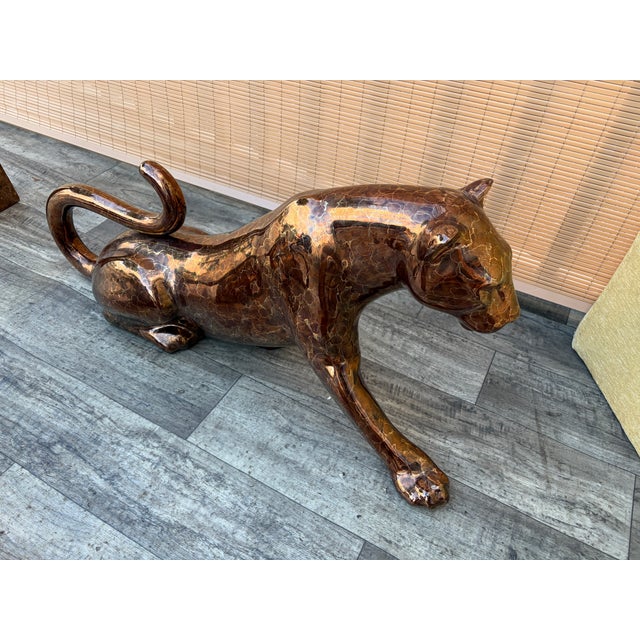 Hollywood Regency Mottled Bronze Ceramic Panthers Pedestal Coffee Table. Circa 1970s For Sale - Image 10 of 15